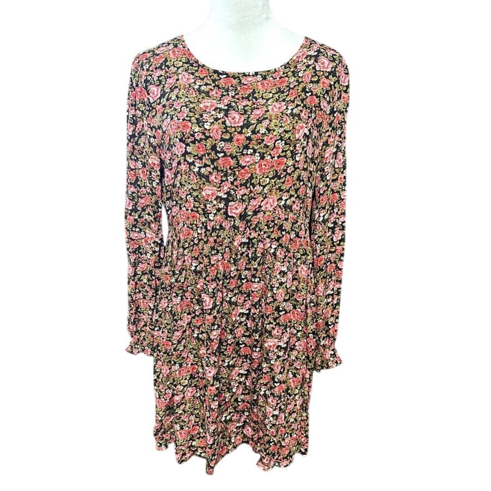 BP Women's Black/PinksFloral Long Sleeve Keyhole Casual Dress M NWOT